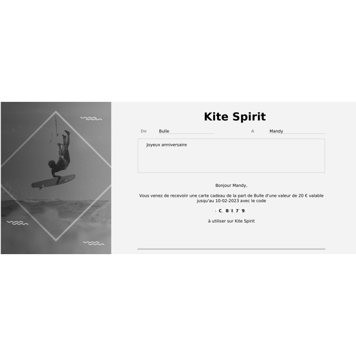 Bon cadeau 50€ Valable sur tout le site KiteSpirit